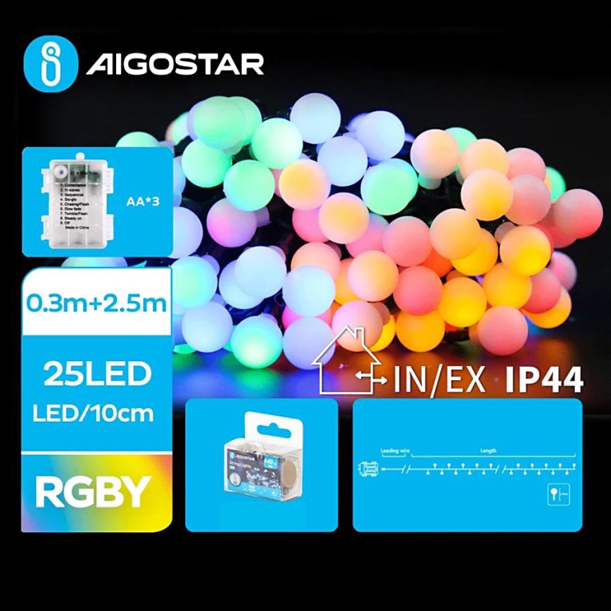 Aigostar - LED RGBY Venkovní vánoční řetěz 25xLED/3xAA/8 funkcí 2,8 m IP44