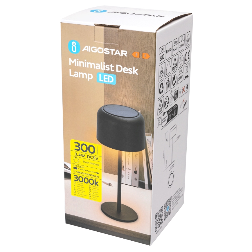 Aigostar - LED Solární stmívatelná nabíjecí stolní lampa LED/3W/5V 2200mAh černá IP54