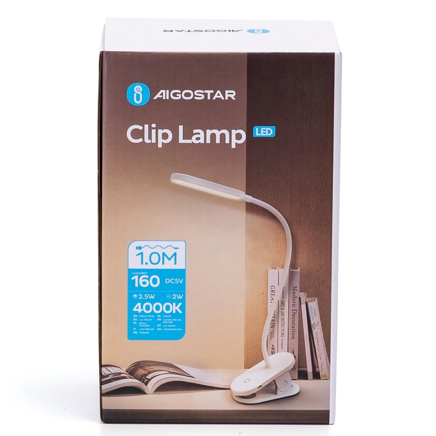 Aigostar - LED Stmívatelná nabíjecí stolní lampa s klipem LED/2,5W/5V 1200mAh bílá