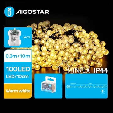 Aigostar - LED Venkovní vánoční řetěz 100xLED/3xAA/8 funkcí 10,3 m IP44 teplá bílá