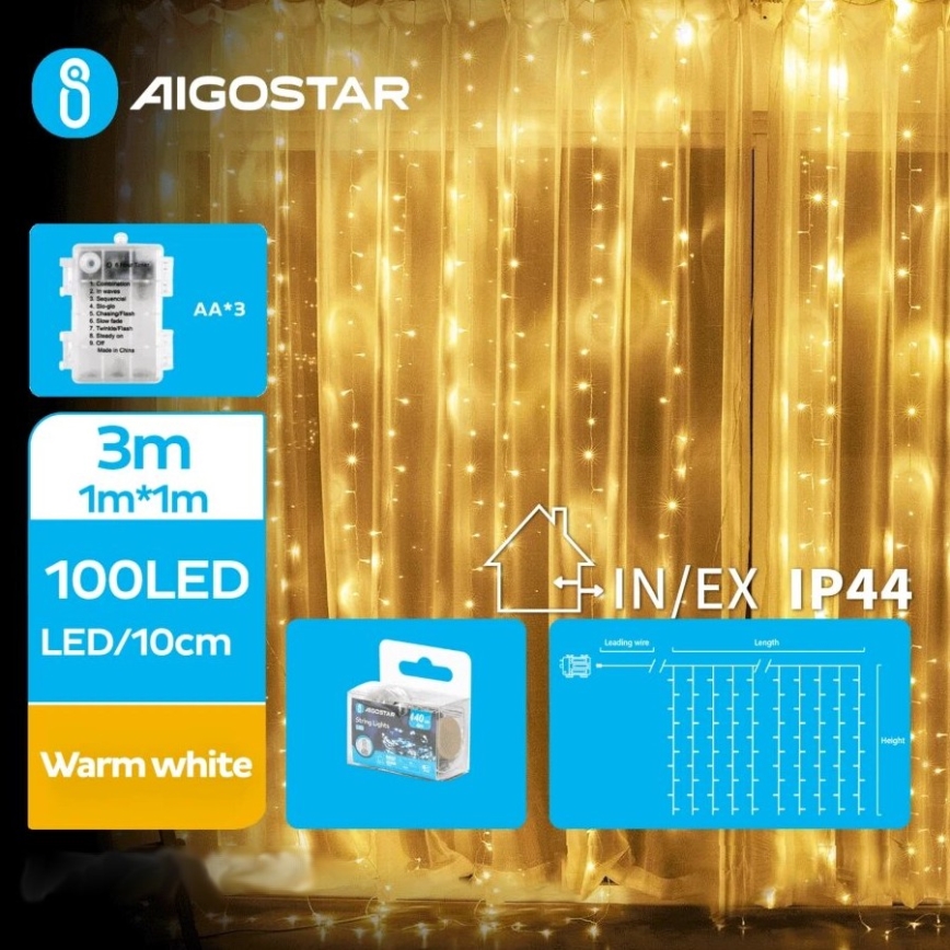 Aigostar - LED Venkovní vánoční řetěz 100xLED/8 funkcí 3xAA 4x1m IP44 teplá bílá