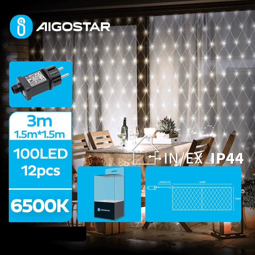 Aigostar- LED Venkovní vánoční řetěz 100xLED/8 funkcí 4,5x1,5m IP44 studená bílá