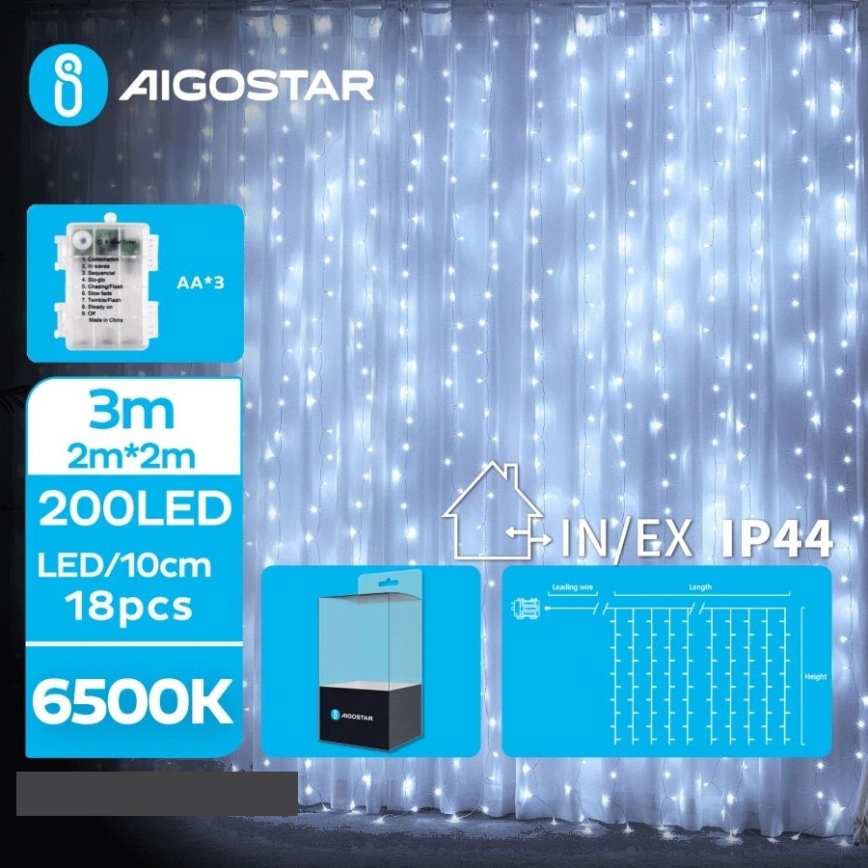 Aigostar - LED Venkovní vánoční řetěz 200xLED/8 funkcí 3xAA 5x2m IP44 studená bílá