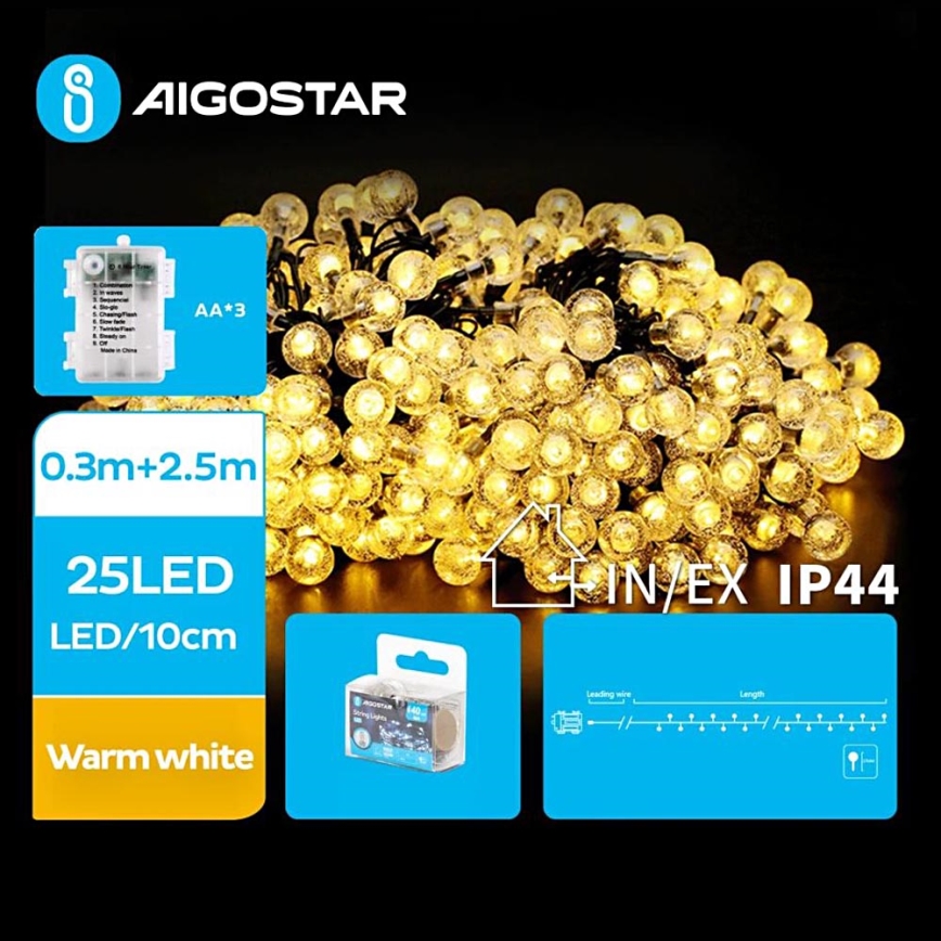 Aigostar - LED Venkovní vánoční řetěz 25xLED/3xAA/8 funkcí 2,8 m IP44 teplá bílá