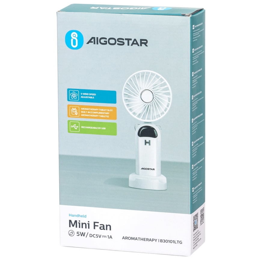 Aigostar - Nabíjecí ruční ventilátor 4W/5V 1200mAh bílá