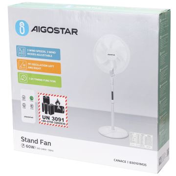 Aigostar - Stojanový ventilátor 60W/230V bílá + dálkové ovládání