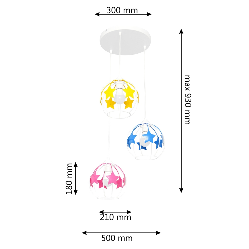 Dětský lustr na lanku STARS 3xE27/15W/230V modrá/růžová/žlutá