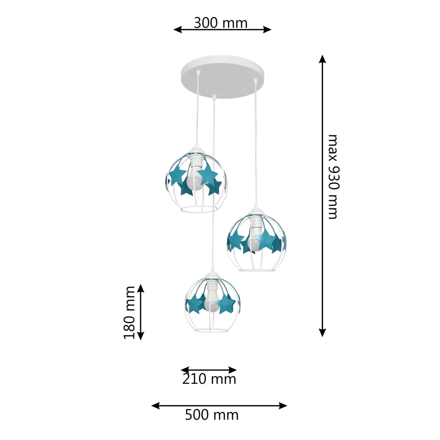 Dětský lustr na lanku STARS 3xE27/15W/230V tyrkysová/bílá