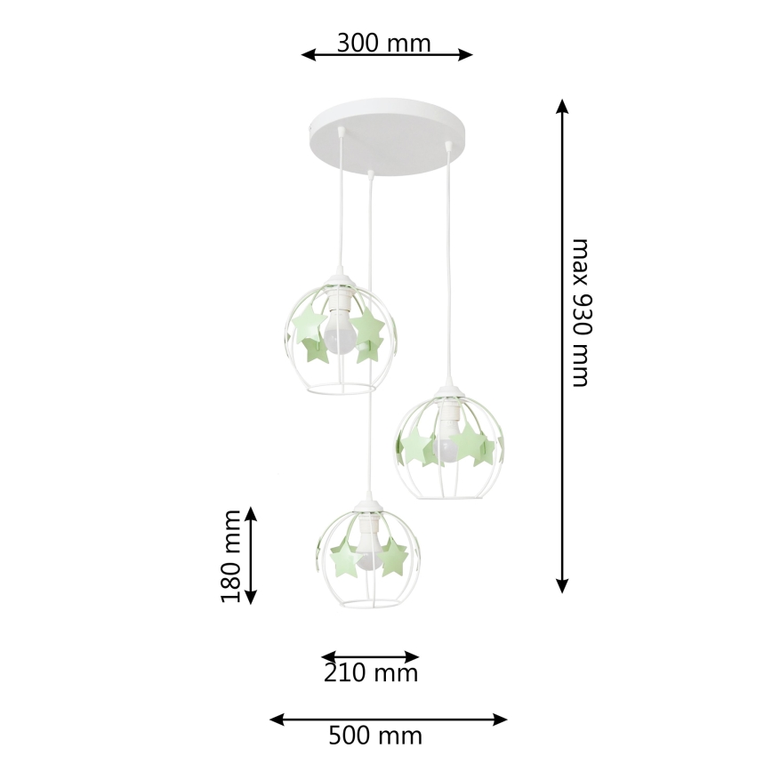 Dětský lustr na lanku STARS 3xE27/15W/230V zelená/bílá