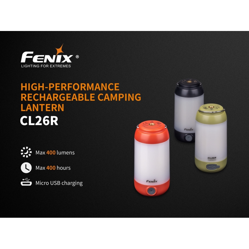 Fenix CL26RBLACK - LED Stmívatelná přenosná nabíjecí lampa LED/USB IP66 400 lm 400 h černá