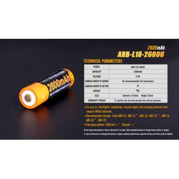 Fenix FE18650LI26USB - 1ks Nabíjecí baterie USB/3,6V 2600 mAh