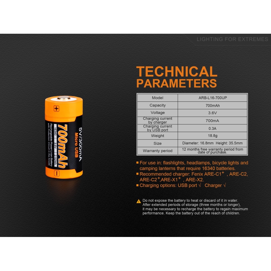 Fenix FERCR123ALIIONUP - 1ks Nabíjecí baterie USB/3,6V