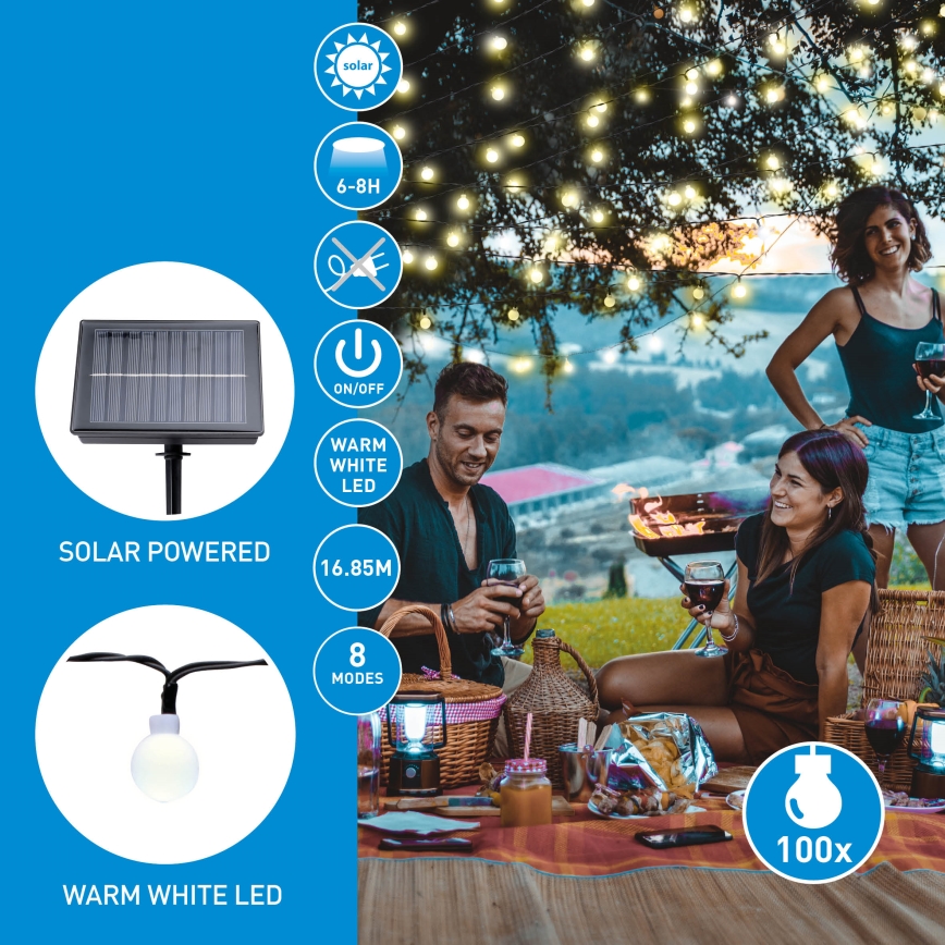 Grundig - LED Solární řetěz 100xLED/8 funkcí 16,85m teplá bílá