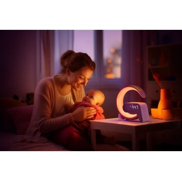 LED RGB Stmívatelná stolní lampa s budíkem a Qi nabíjením 30W/230V zlatá