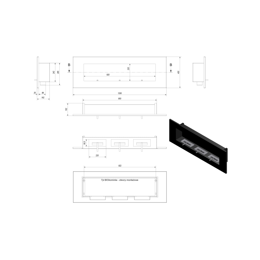 Kratki - Vestavěný BIO krb 40x120 cm 3x1,1kW černá