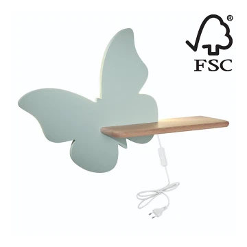 LED Dětské nástěnné svítidlo s poličkou BUTTERFLY LED/5W/230V zelená/dřevo, FSC certifikováno