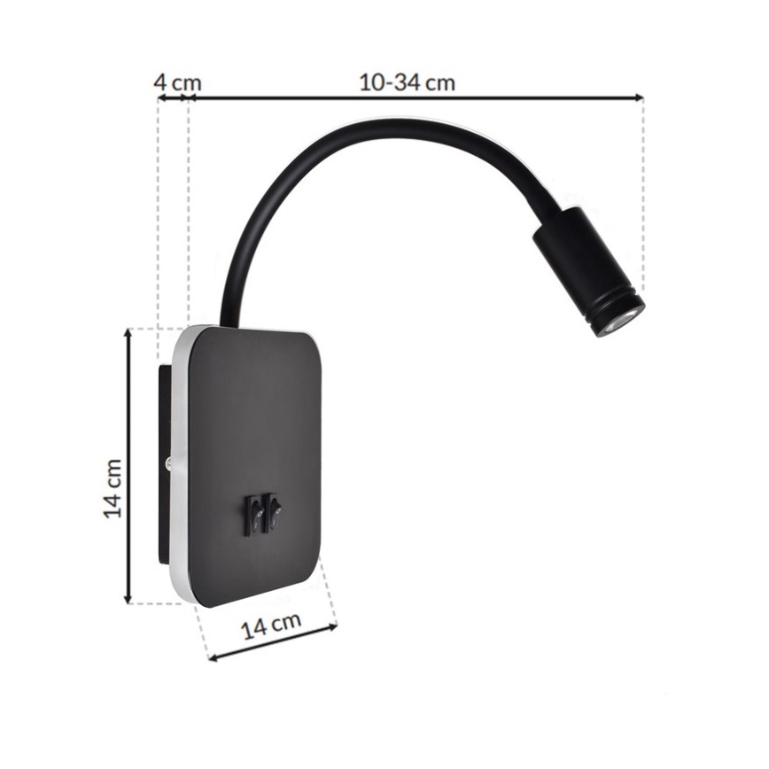 LED Flexibilní nástěnná lampička BASE 1xLED/8W+1xLED/2W/230V černá/stříbrná