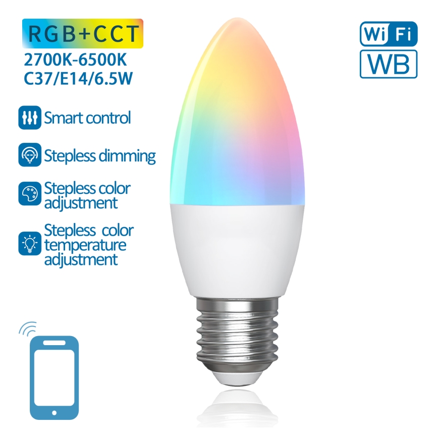 LED RGBW Stmívatelná žárovka C37 E27/6,5W/230V 2700-6500K Wi-Fi - Aigostar