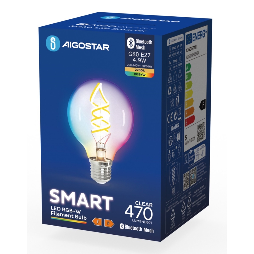 LED RGBW Žárovka FILAMENT G80 E27/4,9W/230V 2700K - Aigostar