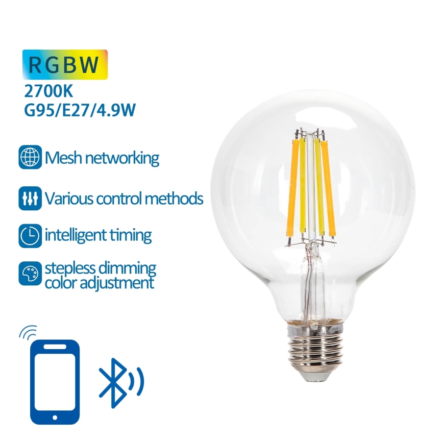 LED RGBW Žárovka FILAMENT G95 E27/4,9W/230V 2700K - Aigostar