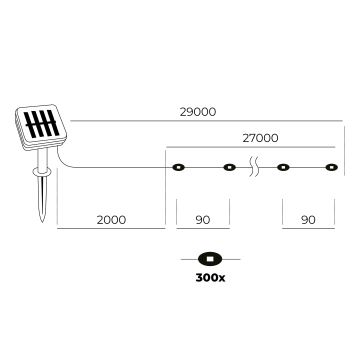 LED - Solární řetěz 300xLED/0,12W/1,2V 1xAA 27 m IP44 3000K