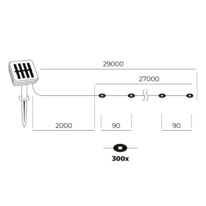 LED - Solární řetěz 300xLED/0,12W/1,2V 1xAA 27 m IP44 3000K