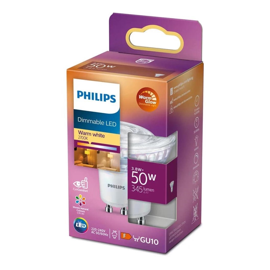 LED Stmívatelná žárovka Philips Warm Glow GU10/3,8W/230V 2200-2700K CRI90