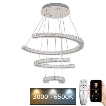 LED Stmívatelný křišťálový lustr na lanku LED/100W/230V 3000-6500K stříbrná + dálkové ovládání