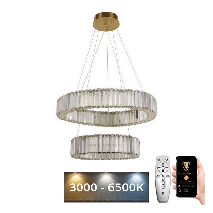 LED Stmívatelný křišťálový lustr na lanku LED/65W/230V 3000-6500K chrom/zlatá + dálkové ovládání