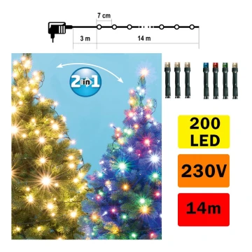 LED Vánoční řetěz venkovní 200xLED/5 funkcí 17m IP44 teplá bílá/multicolor