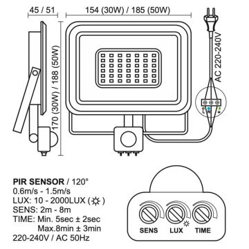 LED Venkovní reflektor se senzorem LED/50W/230V 4000K IP44 černá