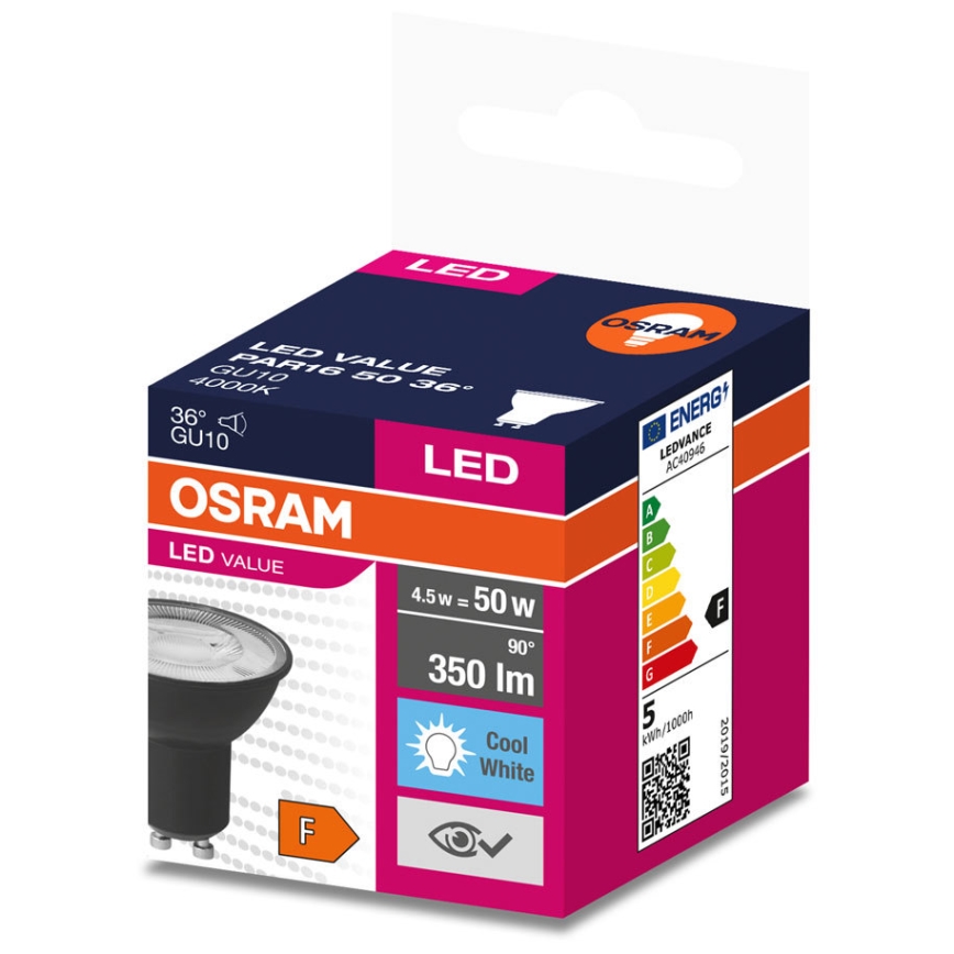 LED Žárovka VALUE PAR16 GU10/4,5W/230V 6500K 36° - Ledvance