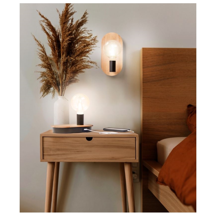 Ledvance - Dotyková stolní lampa s USB konektorem DECOR WOOD 1xE27/8W/230V gumovník