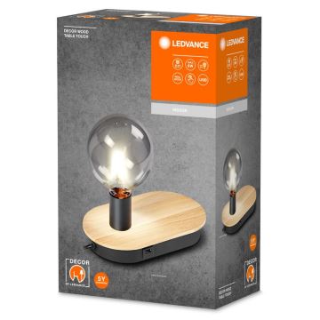 Ledvance - Dotyková stolní lampa s USB konektorem DECOR WOOD 1xE27/8W/230V gumovník