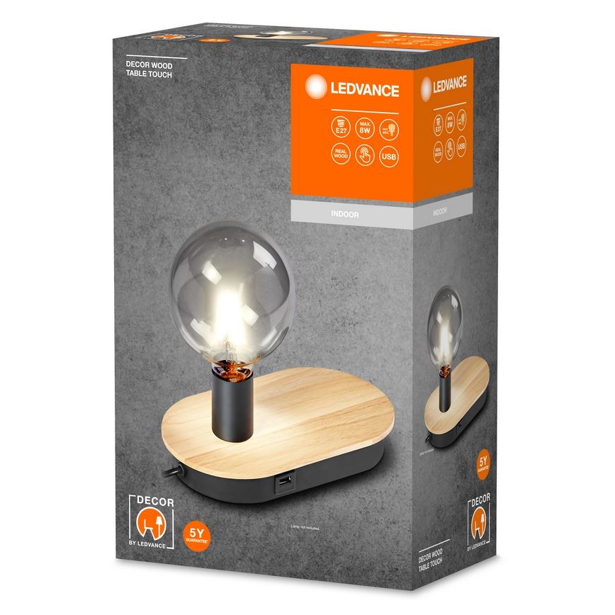 Ledvance - Dotyková stolní lampa s USB konektorem DECOR WOOD 1xE27/8W/230V gumovník