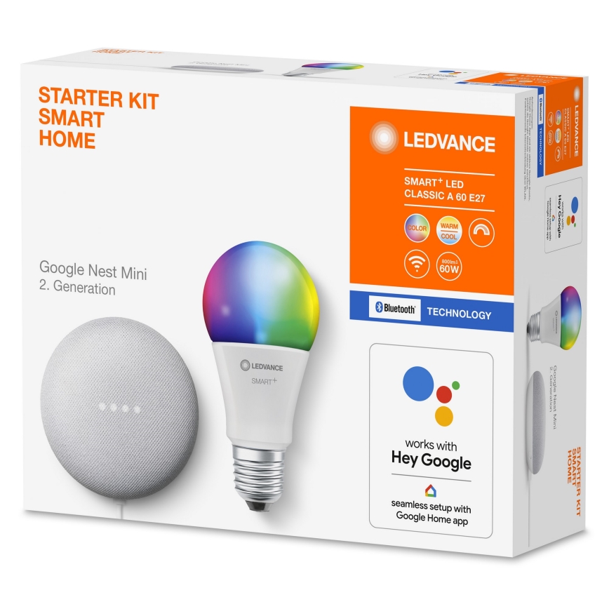 Ledvance - Inteligentní reproduktor Google Nest Mini + LED RGBW Stmívatelná žárovka SMART+ A60 E27/10W/230V 2000 - 6500K