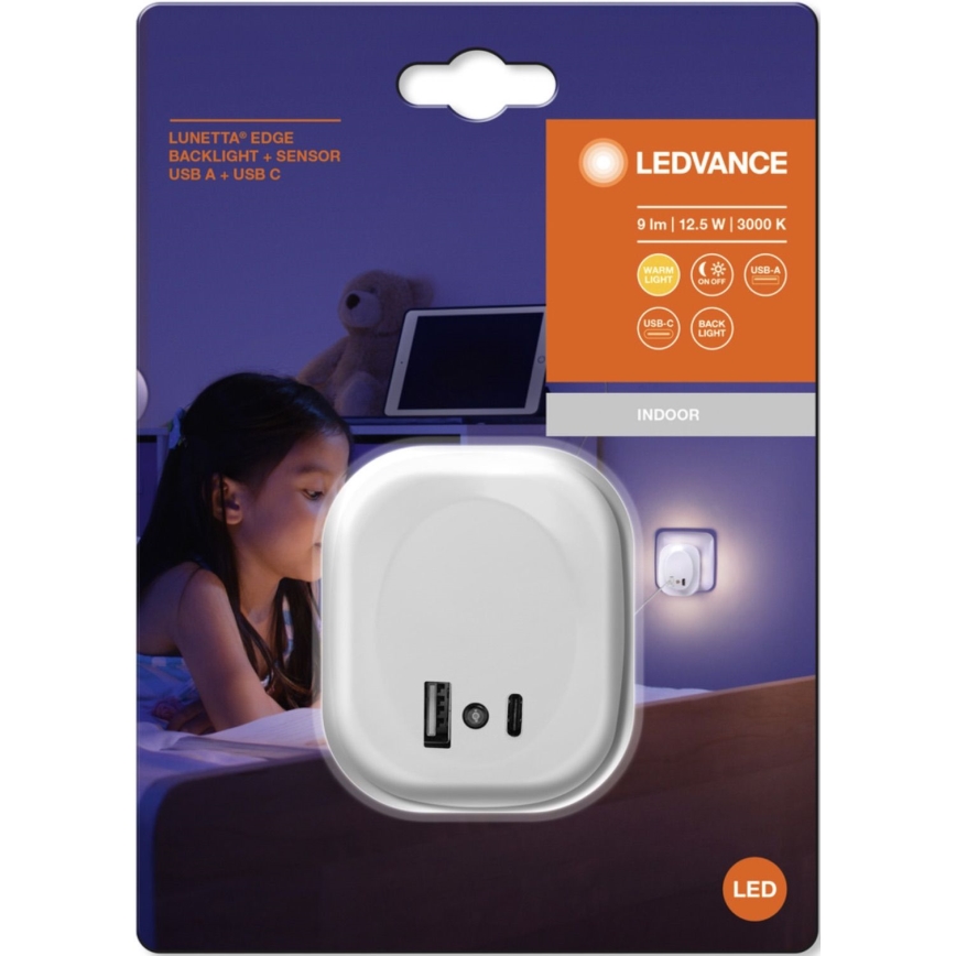 Ledvance - LED Noční svítidlo do zásuvky se senzorem a USB LUNETTA LED/12,5W/230V 3000K bílá