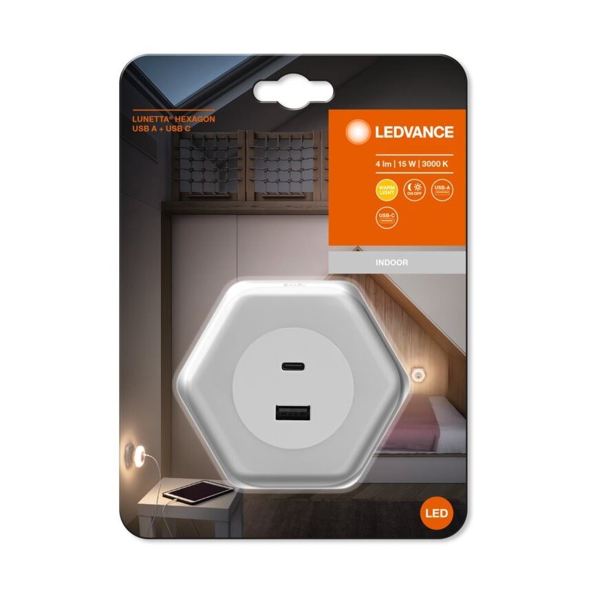 Ledvance - LED Orientační svítidlo do zásuvky s USB LUNETTA LED/15W/230V