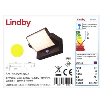 Lindby - LED Solární nástěnné svítidlo se senzorem SHERIN LED/3,7W/3,7V IP54