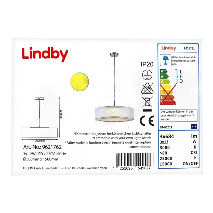 Lindby - LED Stmívatelný lustr na lanku AMON 3xLED/12W/230V