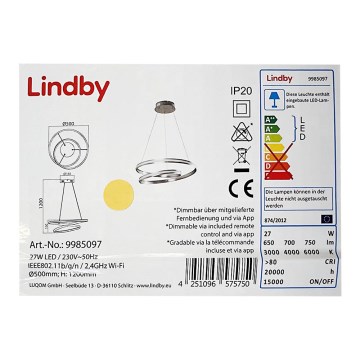 Lindby - LED Stmívatelný lustr na lanku SMART VERIO LED/27W/230V 3000/4000/6000K + DO
