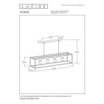 Lucide 00424/04/30 - Lustr na lanku RUBEN 4xE27/40W/230V