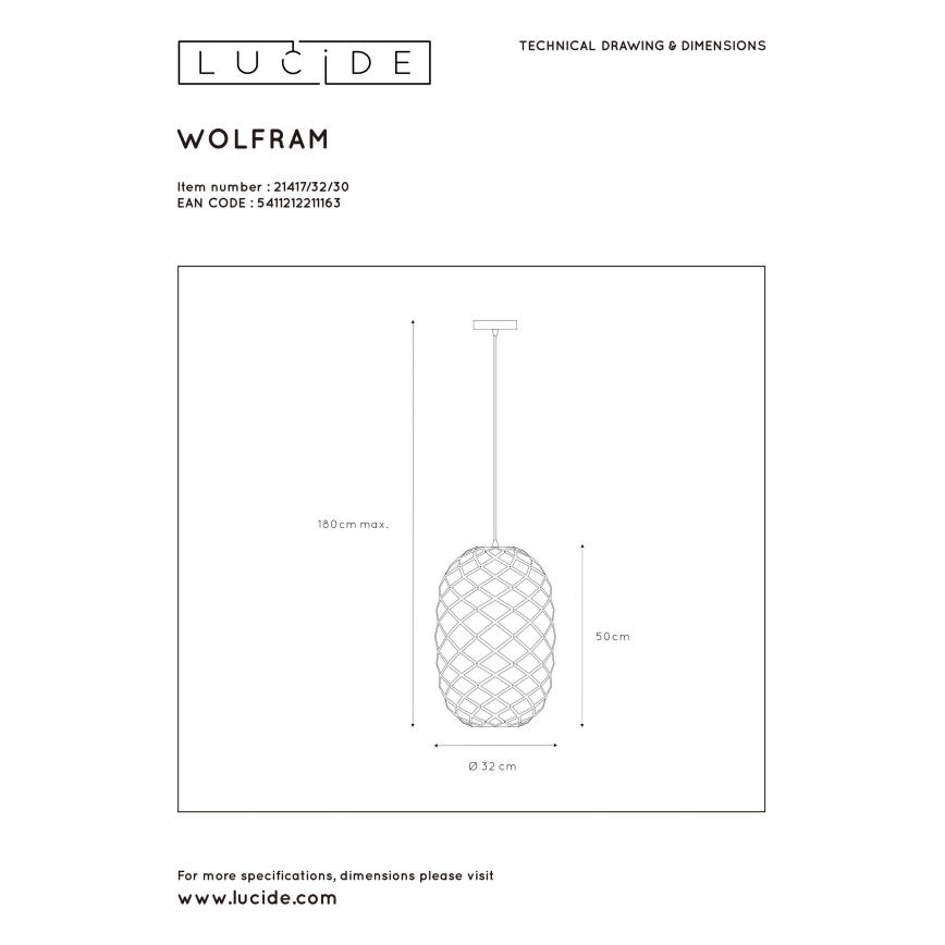 Lucide 21417/32/30 - Lustr na lanku WOLFRAM 1xE27/60W/230V černá