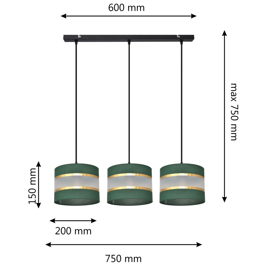 Lustr na lanku HELEN 3xE27/60W/230V zelená/zlatá