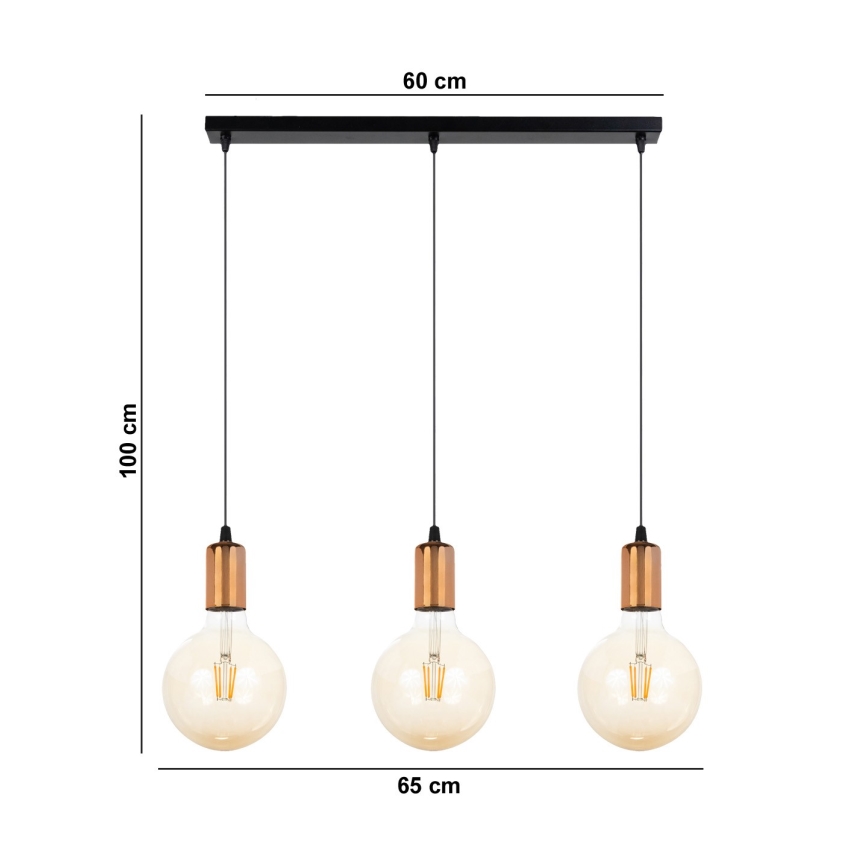 Lustr na lanku MIROS 3xE27/60W/230V černá/měděná