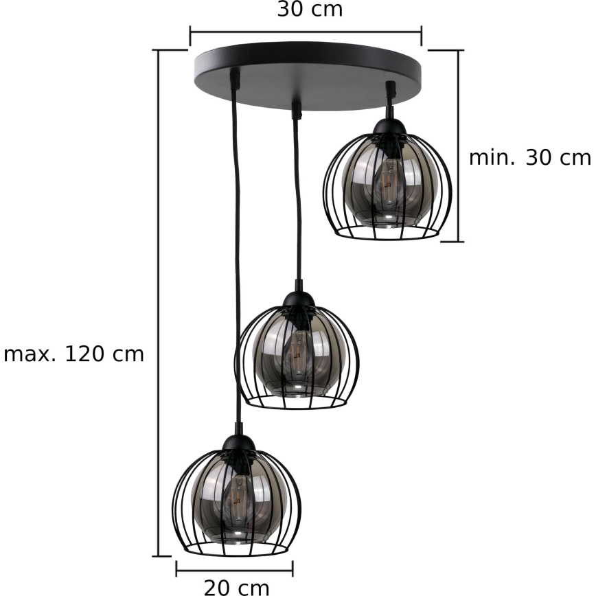 Lustr na lanku SOLO BLACK 3xE27/60W/230V pr. 30 cm