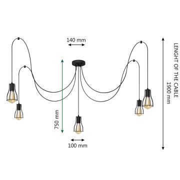 Lustr na lanku TUBE 5xE27/15W/230V černá