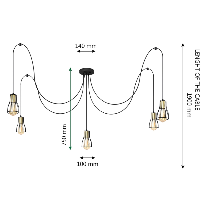 Lustr na lanku TUBE 5xE27/15W/230V černá/zlatá