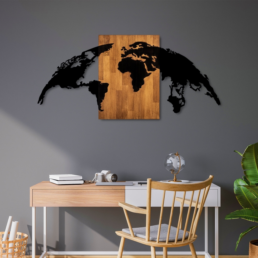 Nástěnná dekorace 150x70 cm zeměkoule dřevo/kov