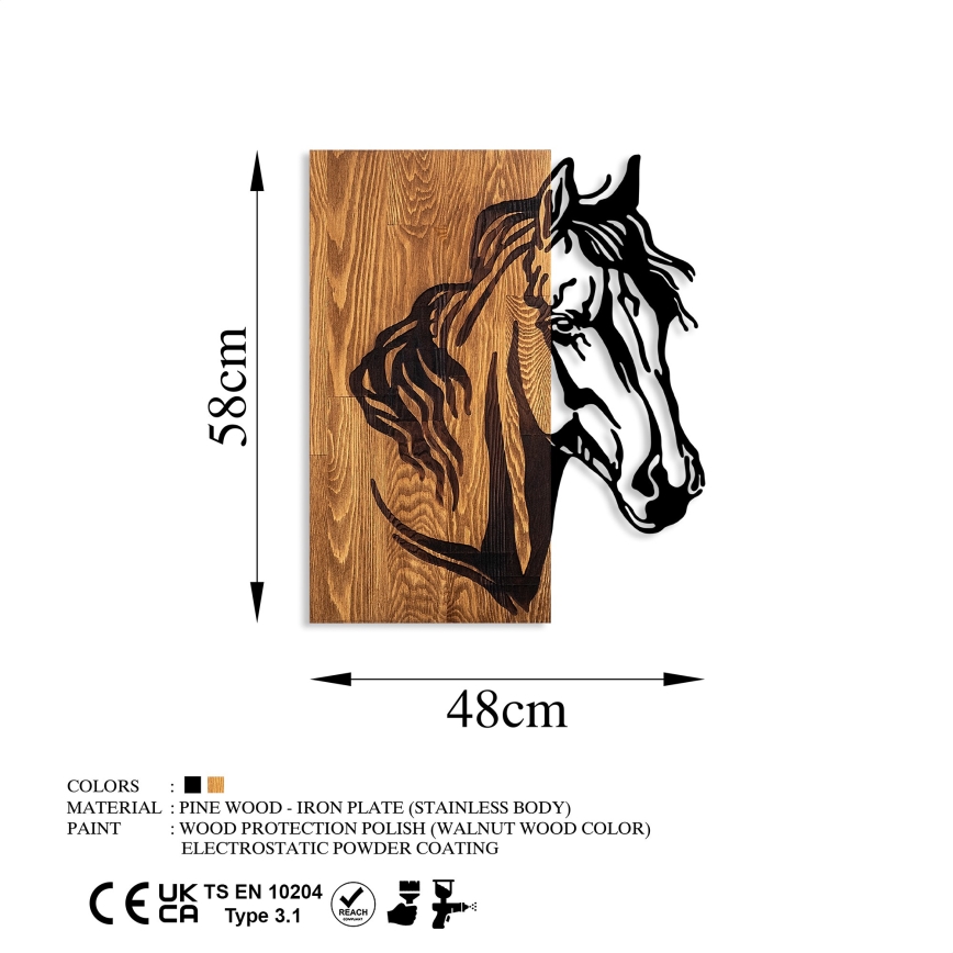 Nástěnná dekorace 48x58 cm kůň dřevo/kov